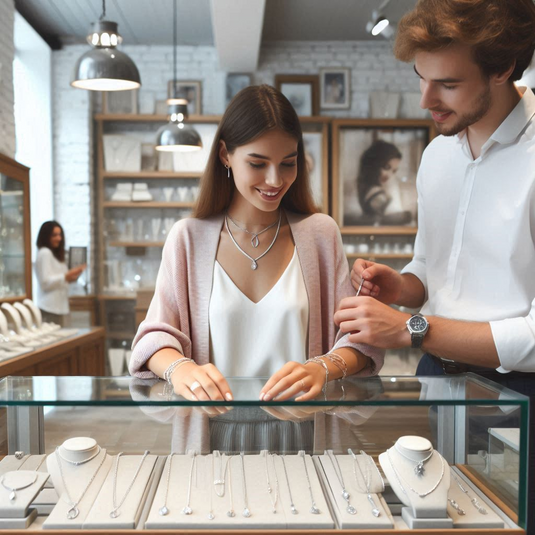 image of a lady and a man in a silver jewelry store