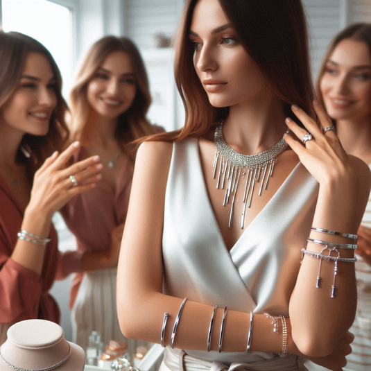 4 ladies wearing silver jewelry and laughing