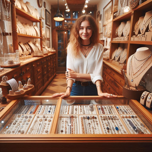 a woman selling all kind of jewelry in a store